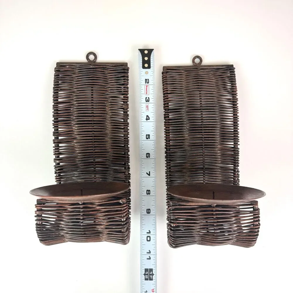 Vintage Pair of Woven Metal Candle Holder Wall Sconces / Rustic Brutalist Decor